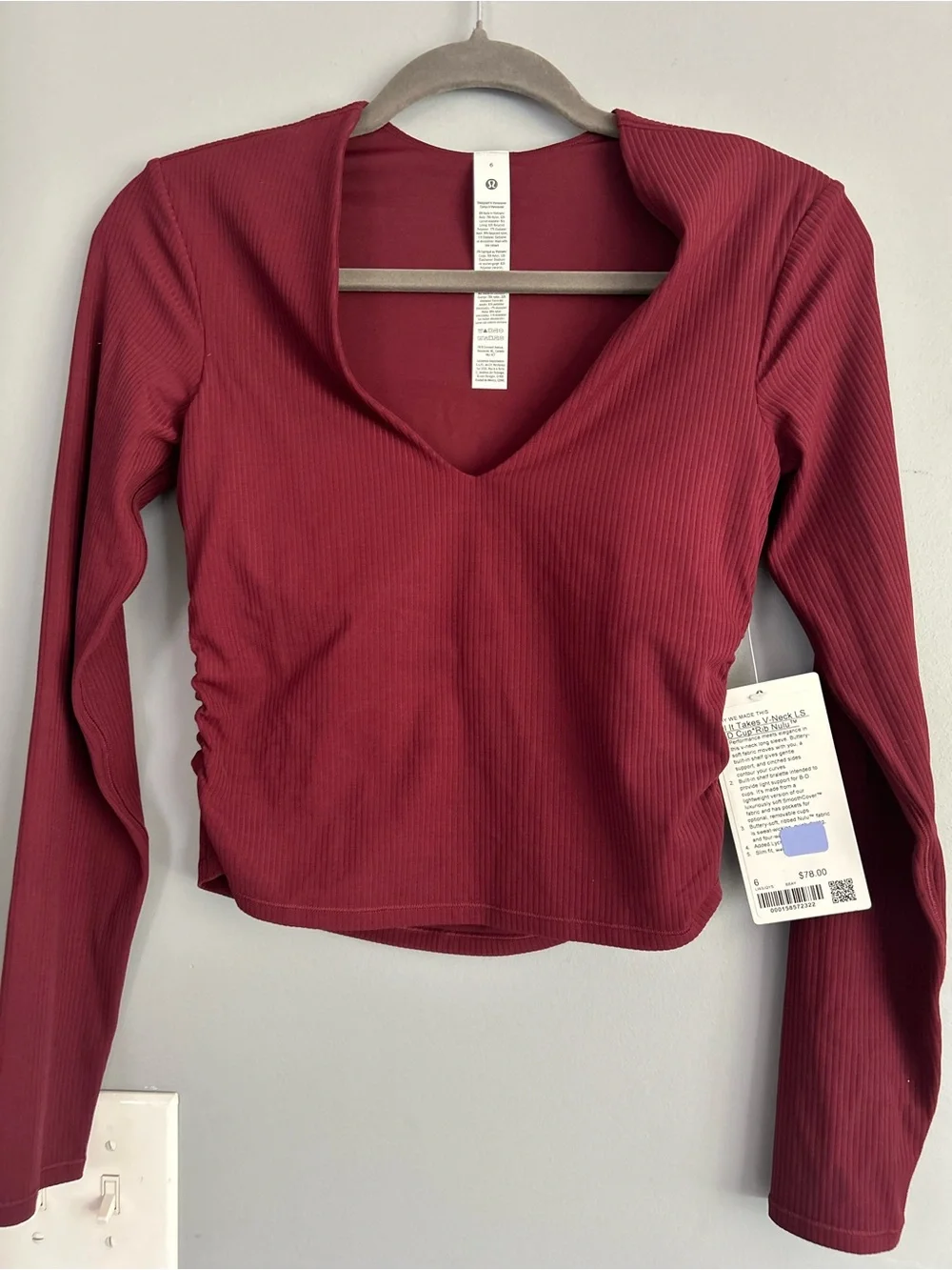 Lululemon All It Takes V-Neck Ribbed Long Sleeve Top in Wine/Maroon